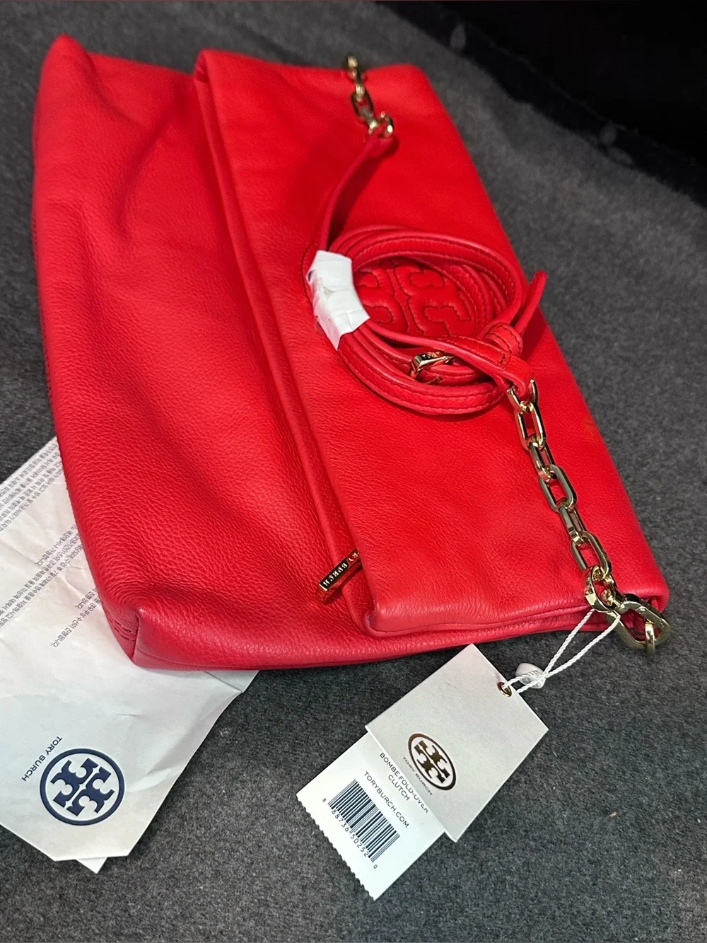 TORY BURCH Leather Embossing Logo Flap Chain Crossbody Bag Women Authentic NWT